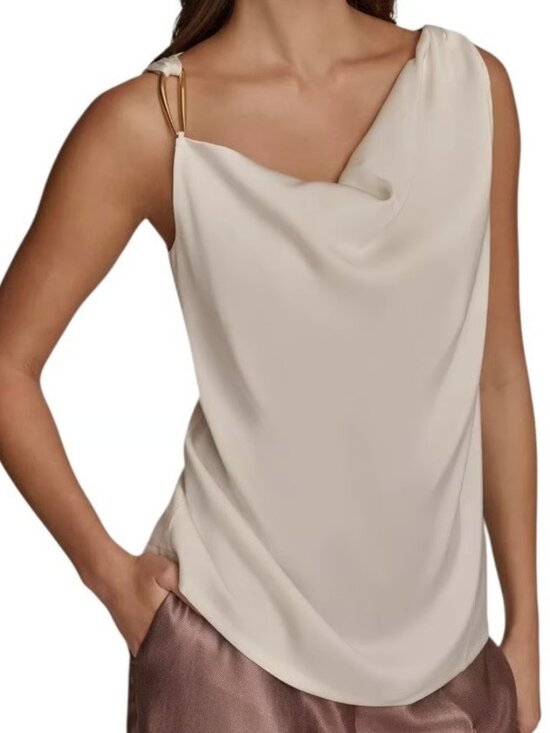 Donna Karan New York Women's Trim Cowlneck Shirt Gold Hardware detail NWT Sz L - Picture 1 of 1